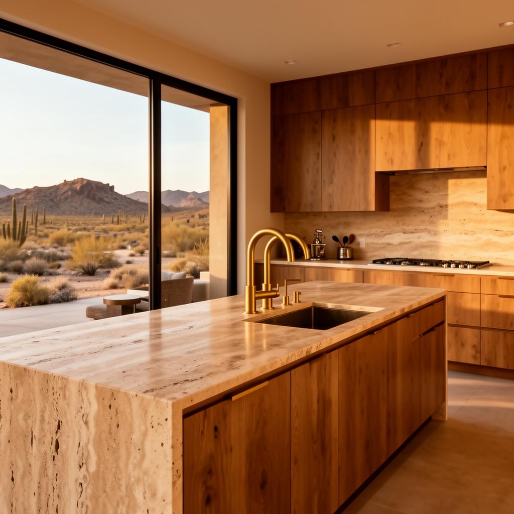 Luxury desert kitchen remodel with travertine countertops